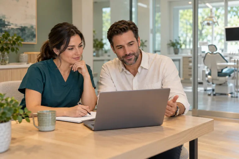 A dentist and practice manager reviewing plans together at a desk.