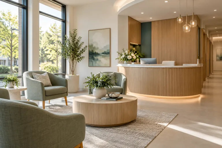 A welcoming modern dental reception with sage seating, oak details and natural light.