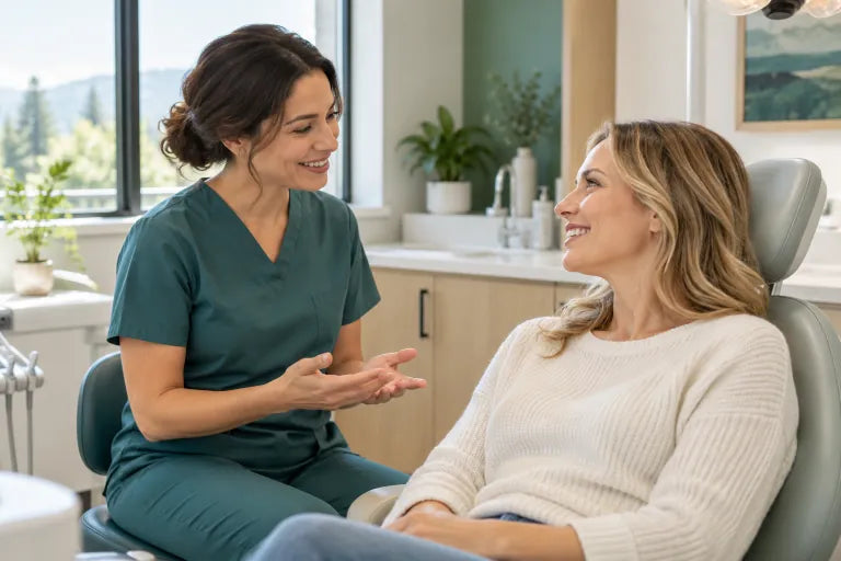A dentist and patient having a relaxed consultation in a bright dental clinic.