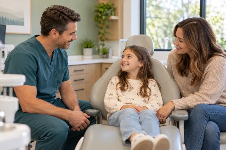A child and parent talking with a friendly dentist before a dental visit.
